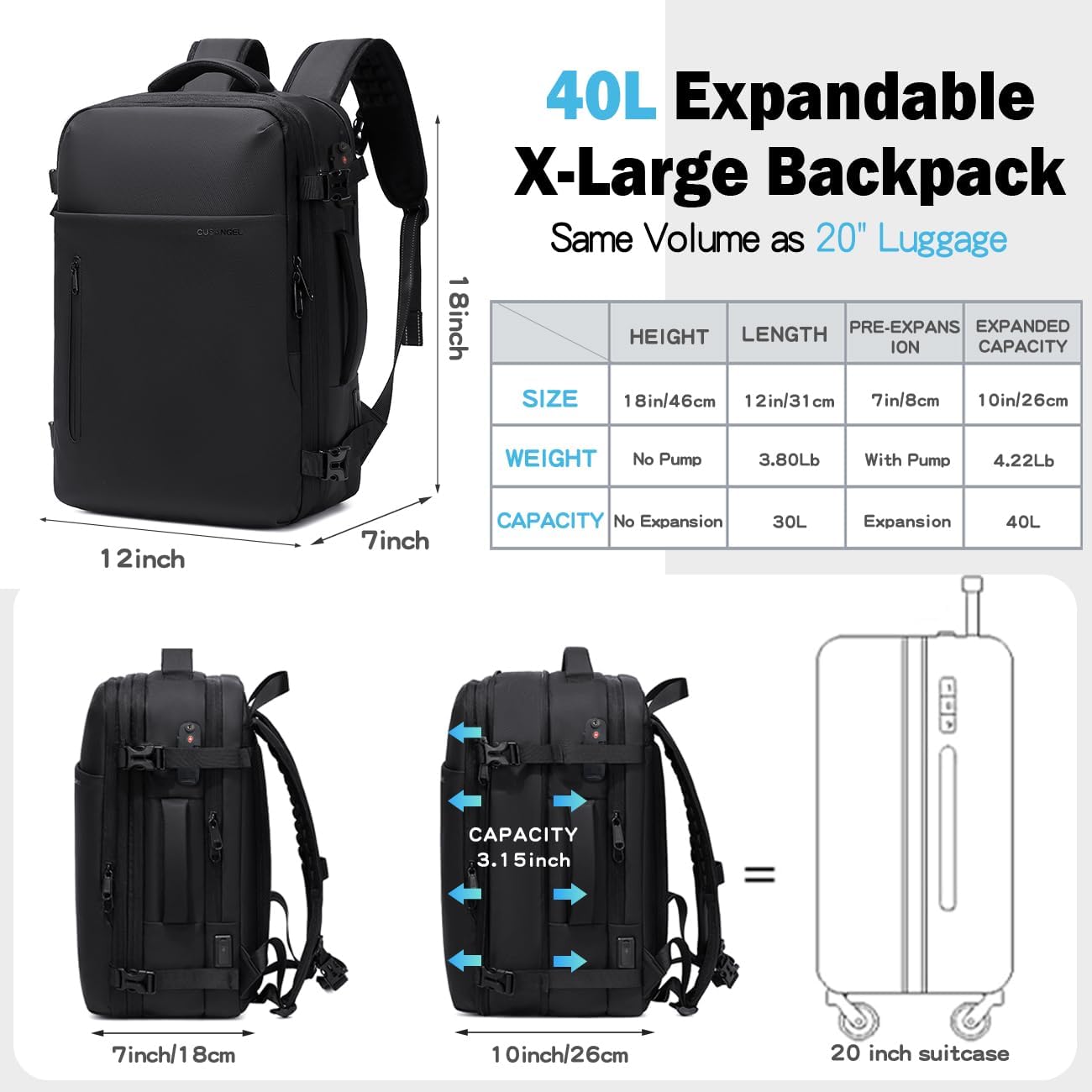 vacuum compression backpack travel with Portable Electric Vac Pump,Vacpack,Pocket Air Pump, 45L Expandable 60L Airback (with Vacuum pump)