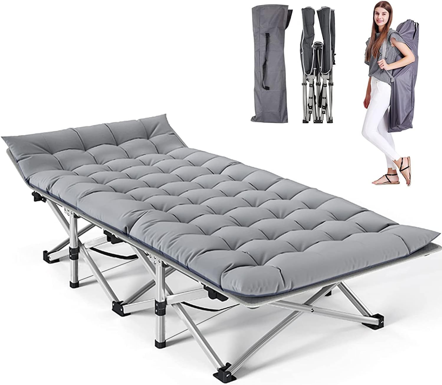 Folding Camping Cot W/Mat for Adults, Heavy Duty Outdoor Bed with Carry Bag,1200 D Layer Oxford Travel Camp Cots