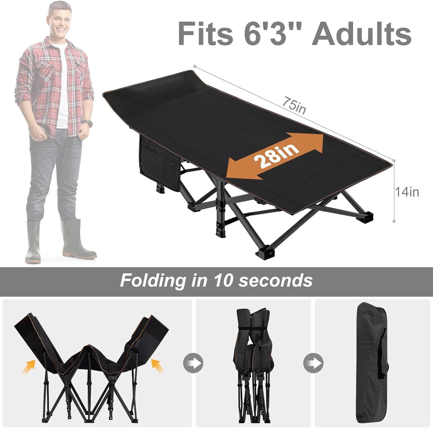 Folding Camping Cot W/Mat for Adults, Heavy Duty Outdoor Bed with Carry Bag,1200 D Layer Oxford Travel Camp Cots