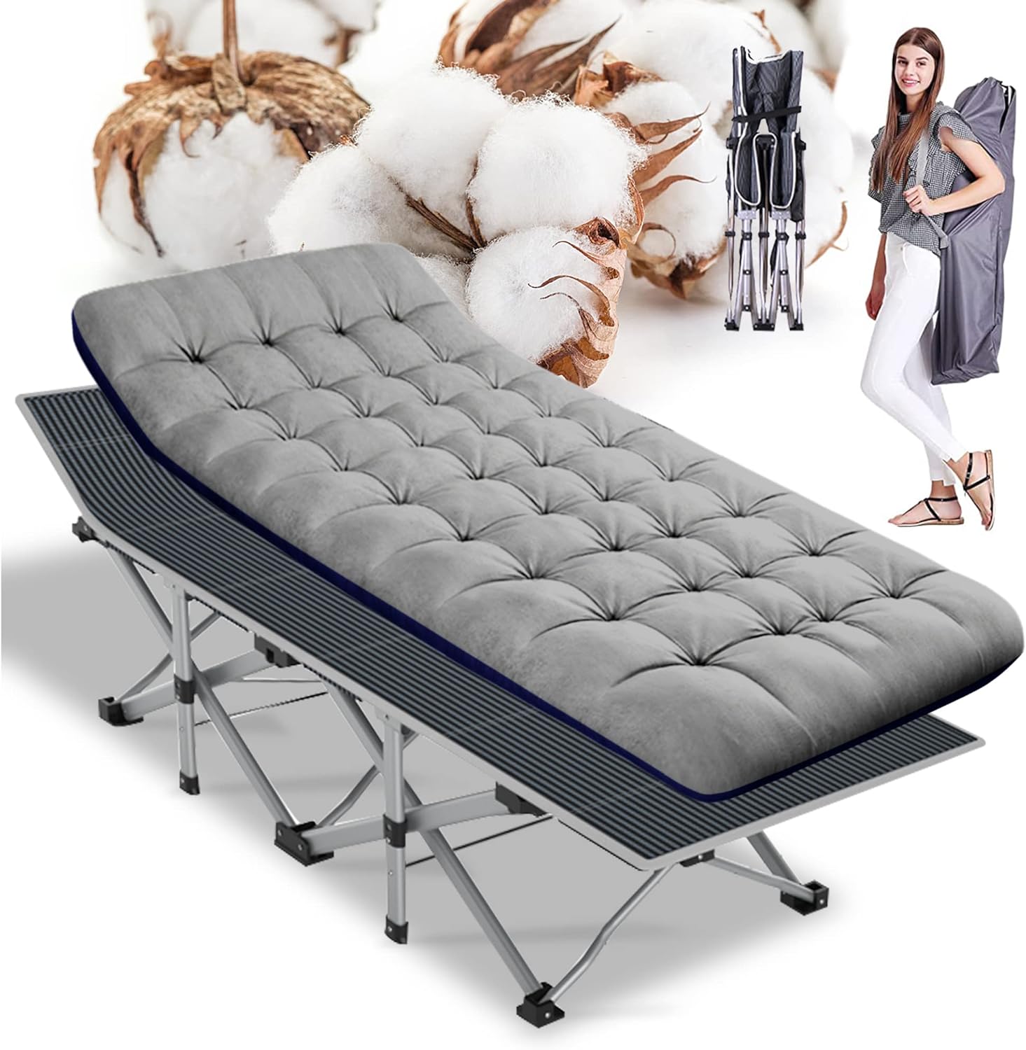 Folding Camping Cot W/Mat for Adults, Heavy Duty Outdoor Bed with Carry Bag,1200 D Layer Oxford Travel Camp Cots
