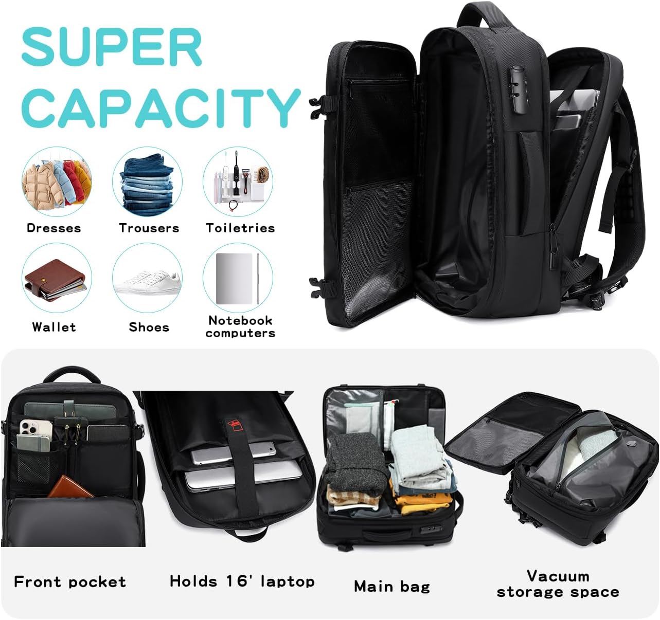 vacuum compression backpack travel with Portable Electric Vac Pump,Vacpack,Pocket Air Pump, 45L Expandable 60L Airback (with Vacuum pump)