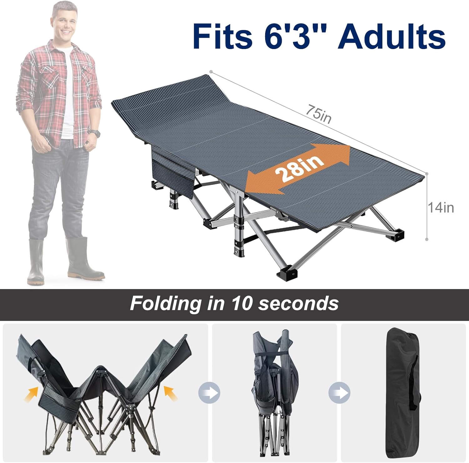 Folding Camping Cot W/Mat for Adults, Heavy Duty Outdoor Bed with Carry Bag,1200 D Layer Oxford Travel Camp Cots