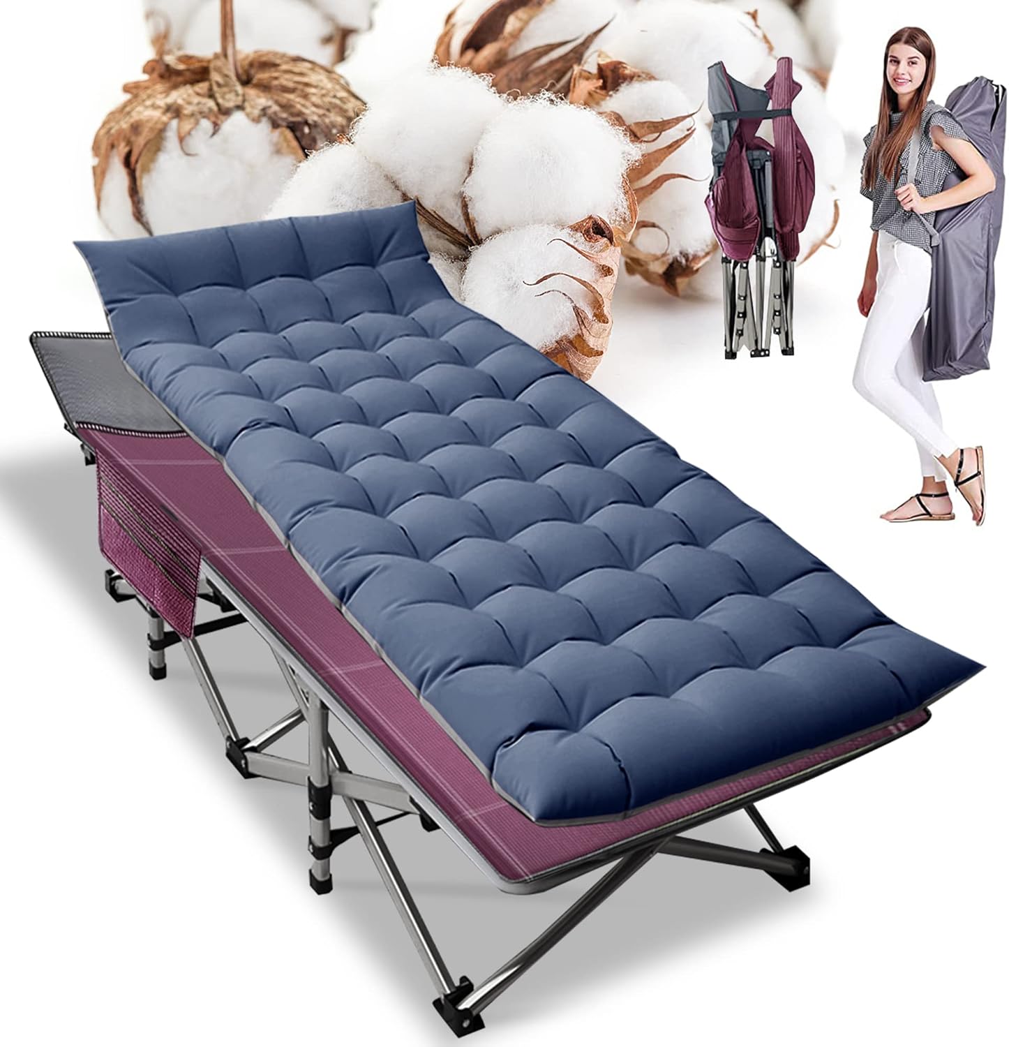 Folding Camping Cot W/Mat for Adults, Heavy Duty Outdoor Bed with Carry Bag,1200 D Layer Oxford Travel Camp Cots