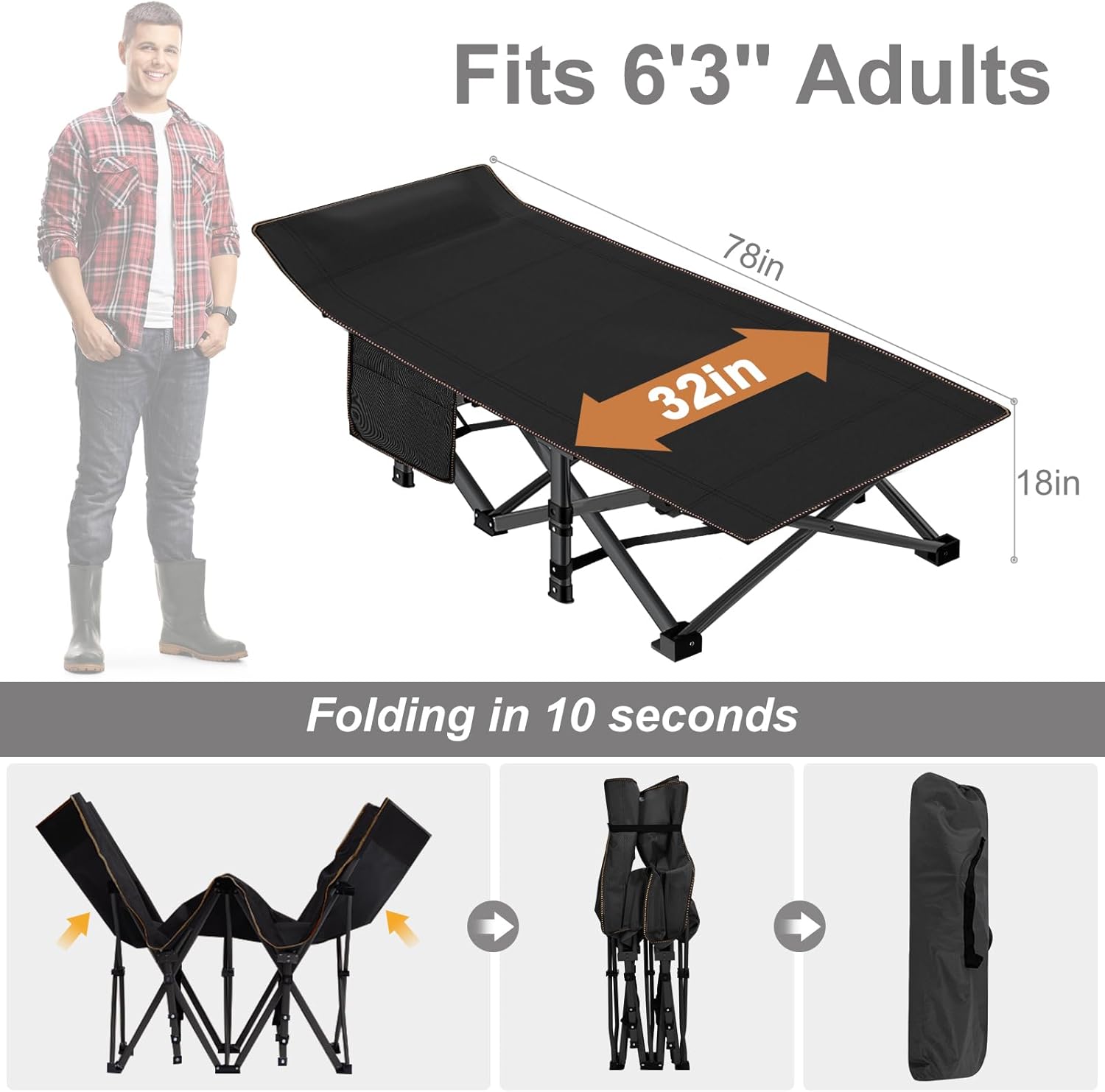 Folding Camping Cot W/Mat for Adults, Heavy Duty Outdoor Bed with Carry Bag,1200 D Layer Oxford Travel Camp Cots