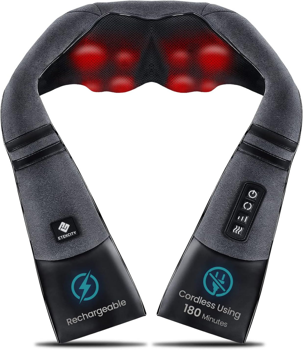 Cordless Neck & Back Massager with Heat, Deep Tissue , Rechargeable Shoulder Pain Relief Wearable, 8 Nodes, 3 Intensities, Bi-Directional, 180-Min Battery, Soft PU Leather, Best Gift
