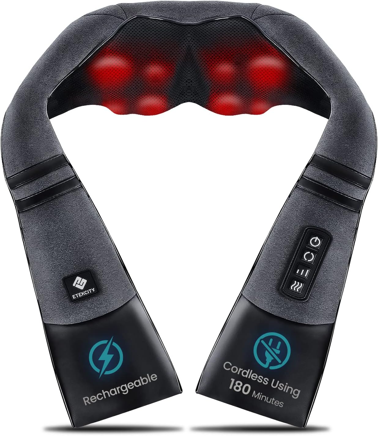 Cordless Neck & Back Massager with Heat, Deep Tissue , Rechargeable Shoulder Pain Relief Wearable, 8 Nodes, 3 Intensities, Bi-Directional, 180-Min Battery, Soft PU Leather, Best Gift