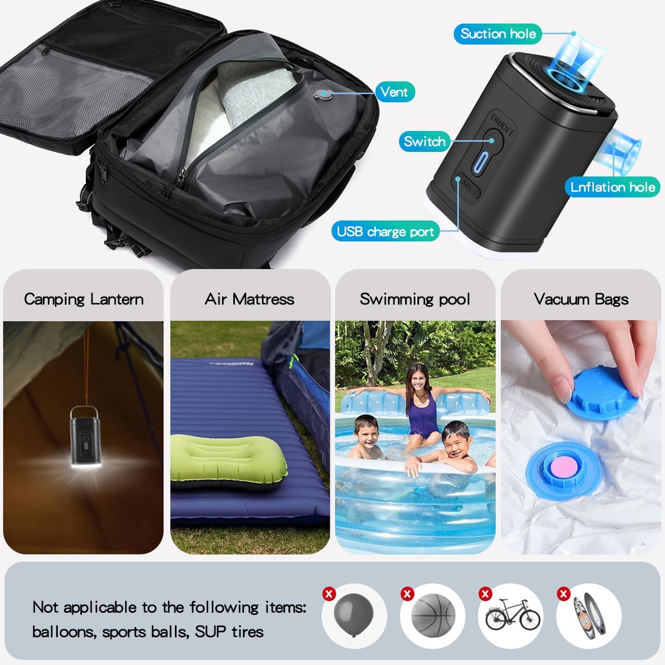 vacuum compression backpack travel with Portable Electric Vac Pump,Vacpack,Pocket Air Pump, 45L Expandable 60L Airback (with Vacuum pump)