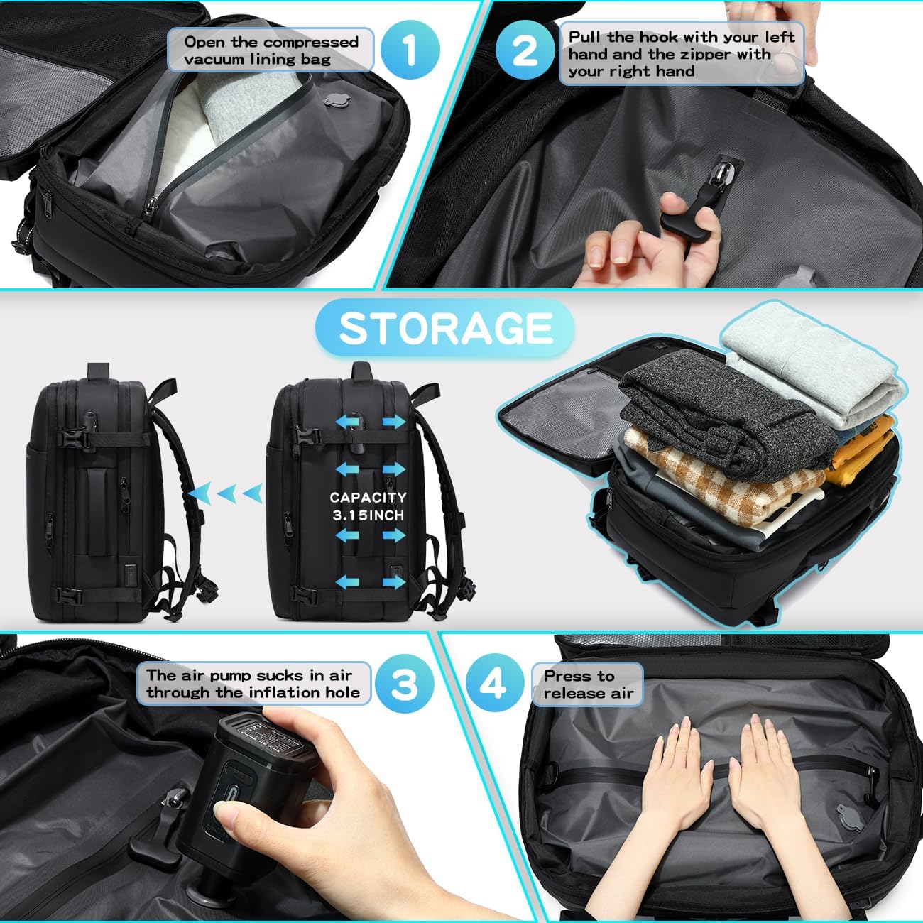 vacuum compression backpack travel with Portable Electric Vac Pump,Vacpack,Pocket Air Pump, 45L Expandable 60L Airback (with Vacuum pump)