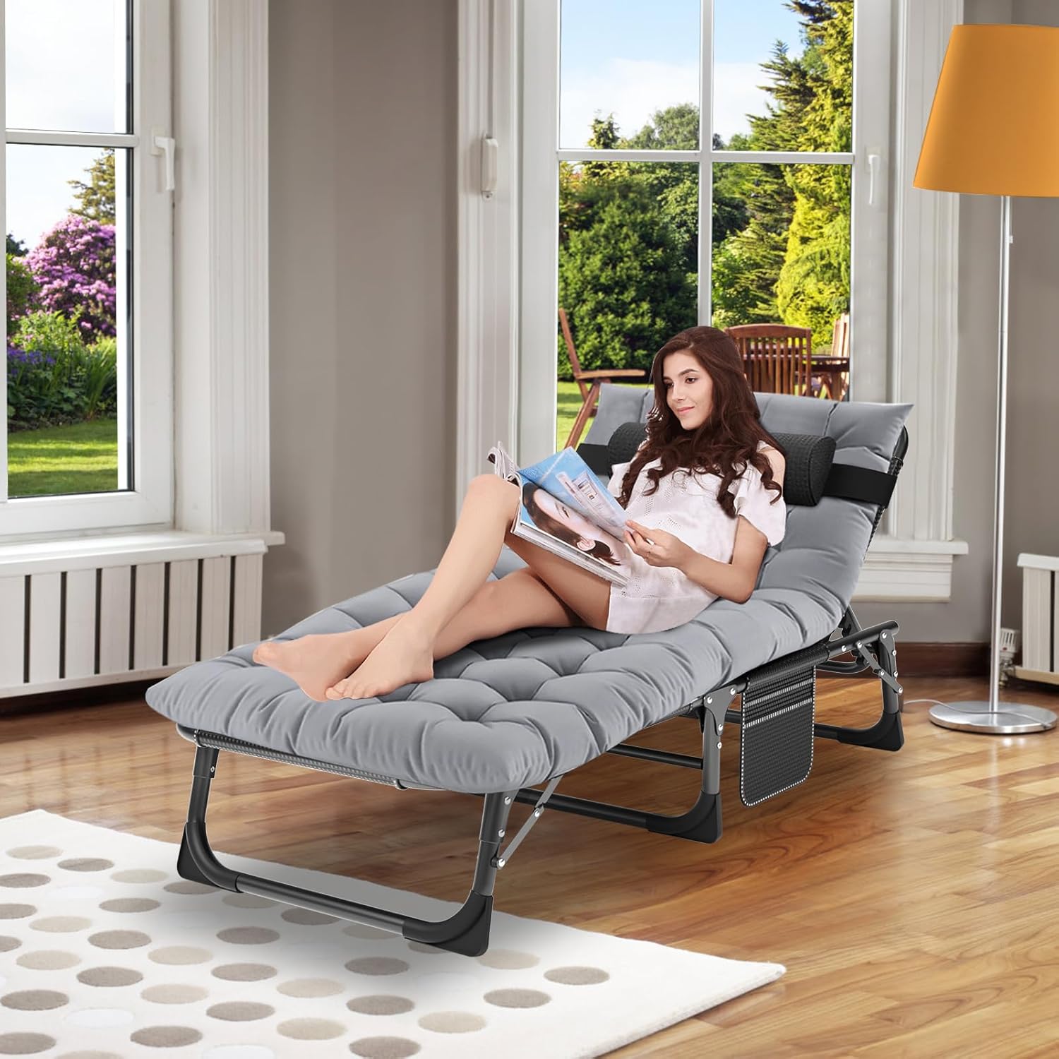 Folding Camping Cot W/Mat for Adults, Heavy Duty Outdoor Bed with Carry Bag,1200 D Layer Oxford Travel Camp Cots