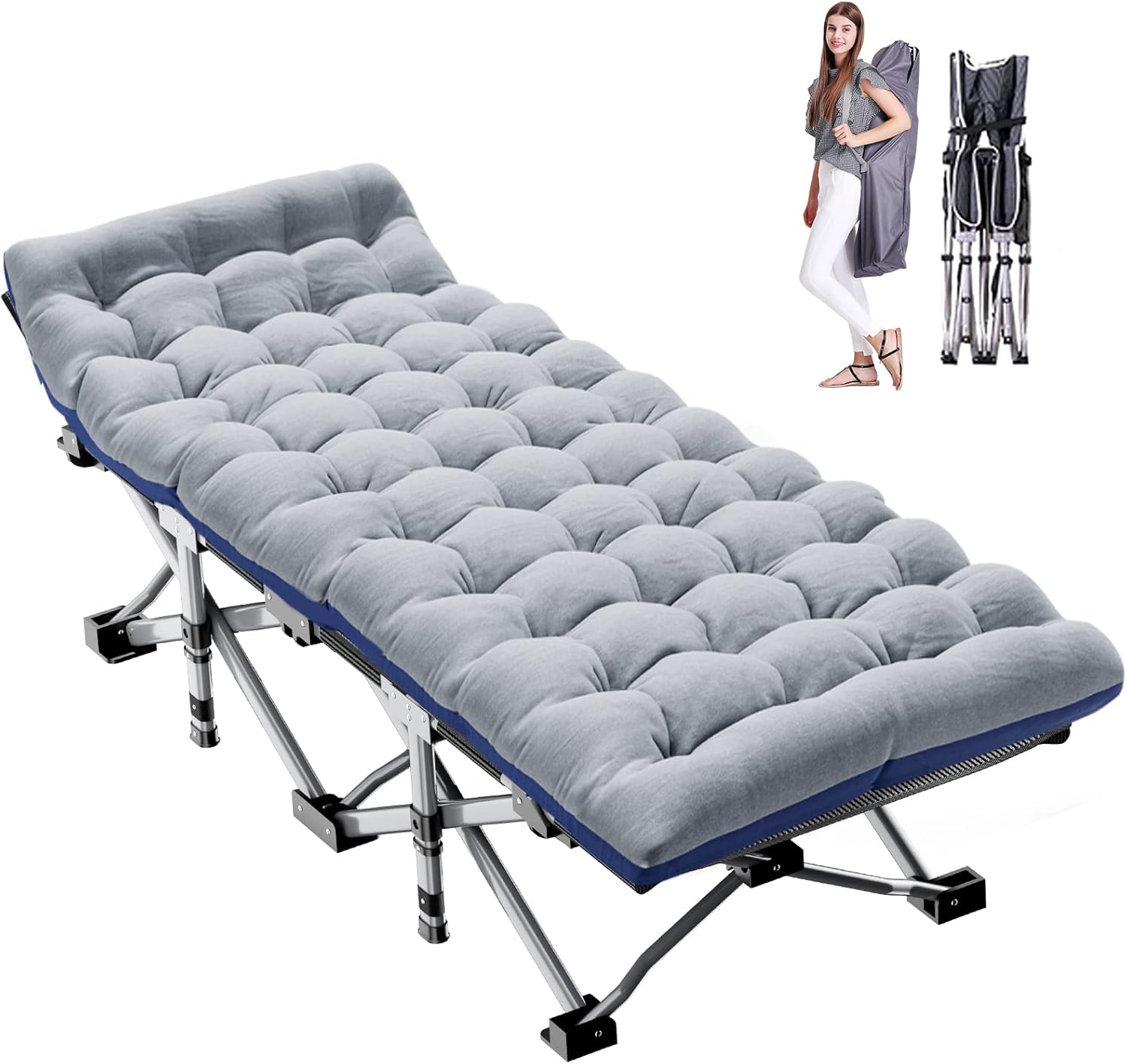 Folding Camping Cot W/Mat for Adults, Heavy Duty Outdoor Bed with Carry Bag,1200 D Layer Oxford Travel Camp Cots