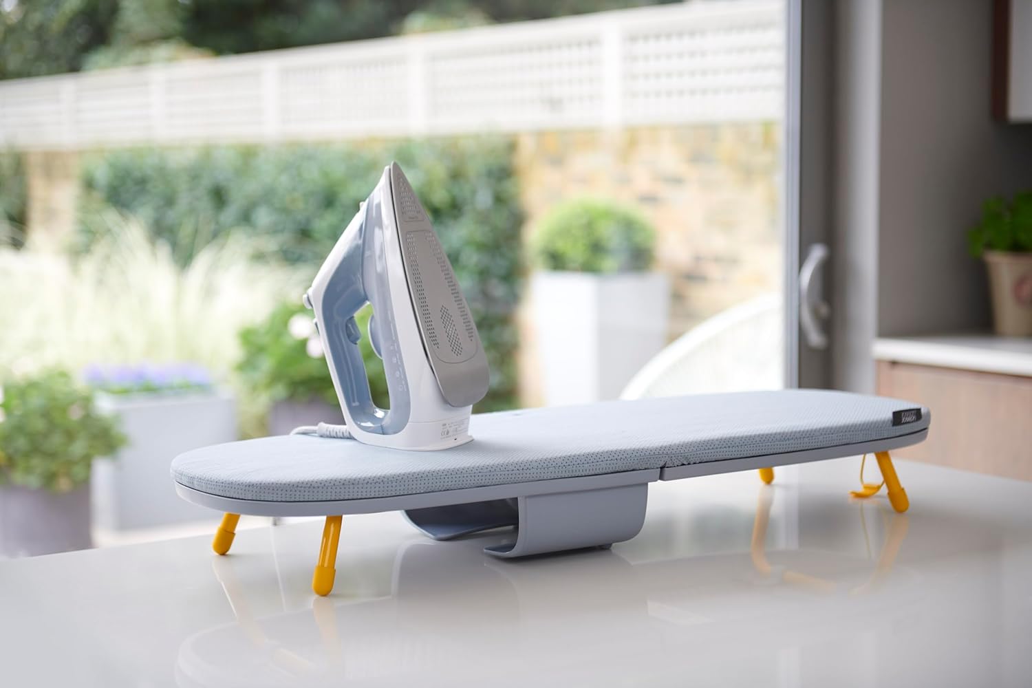 Pocket Folding Tabletop Ironing Board with Iron Holder and wall mount, Compact Space-Saving , Grey/Yellow