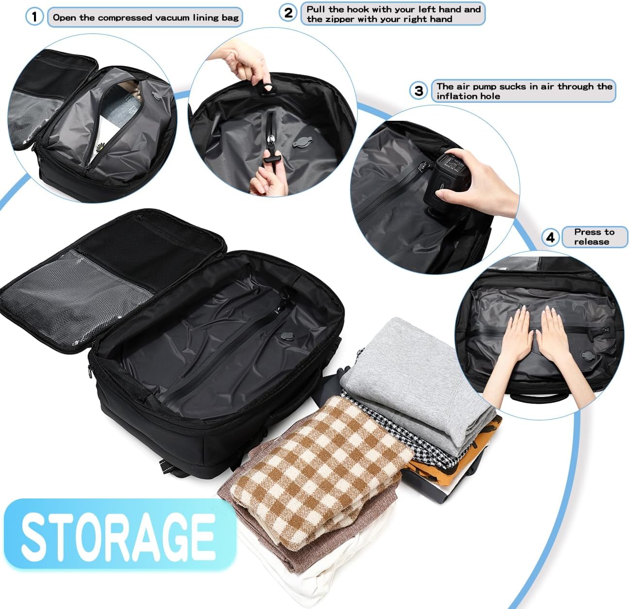vacuum compression backpack travel with Portable Electric Vac Pump,Vacpack,Pocket Air Pump, 45L Expandable 60L Airback (with Vacuum pump)
