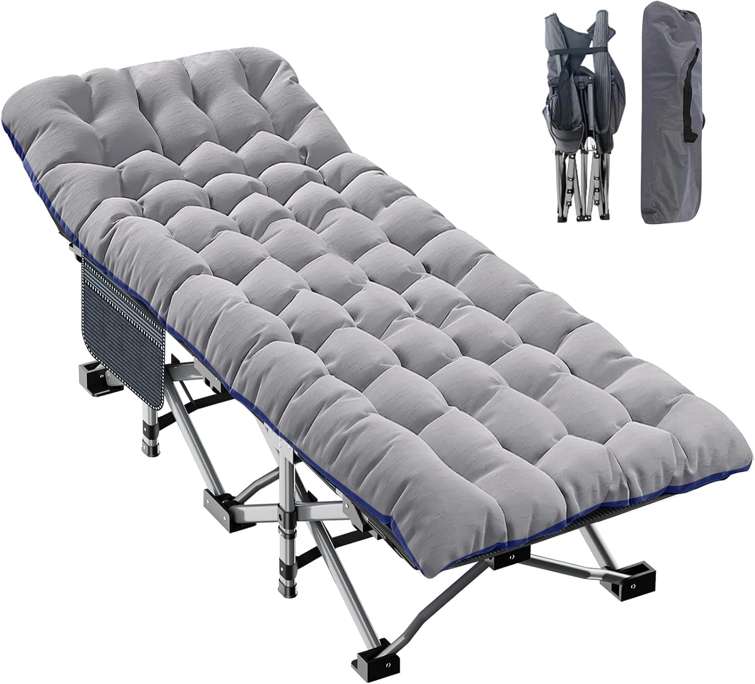 Folding Camping Cot W/Mat for Adults, Heavy Duty Outdoor Bed with Carry Bag,1200 D Layer Oxford Travel Camp Cots