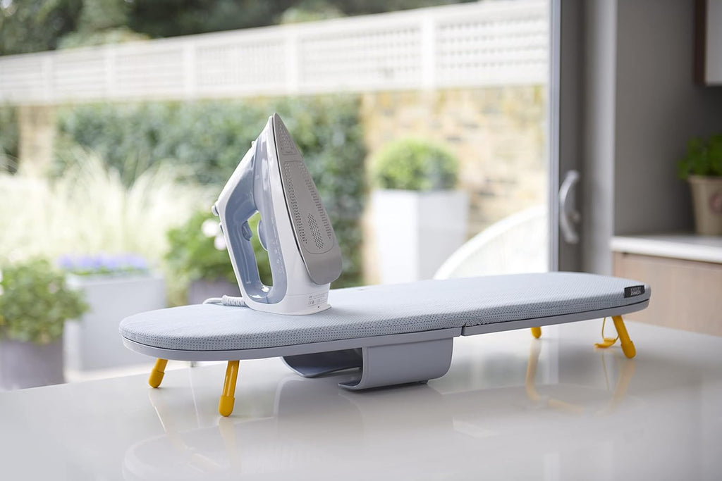 Pocket Folding Tabletop Ironing Board with Iron Holder and wall mount, Compact Space-Saving , Grey/Yellow