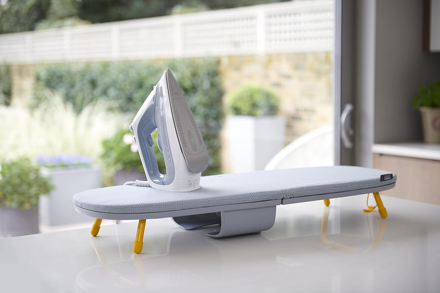 Pocket Folding Tabletop Ironing Board with Iron Holder and wall mount, Compact Space-Saving , Grey/Yellow