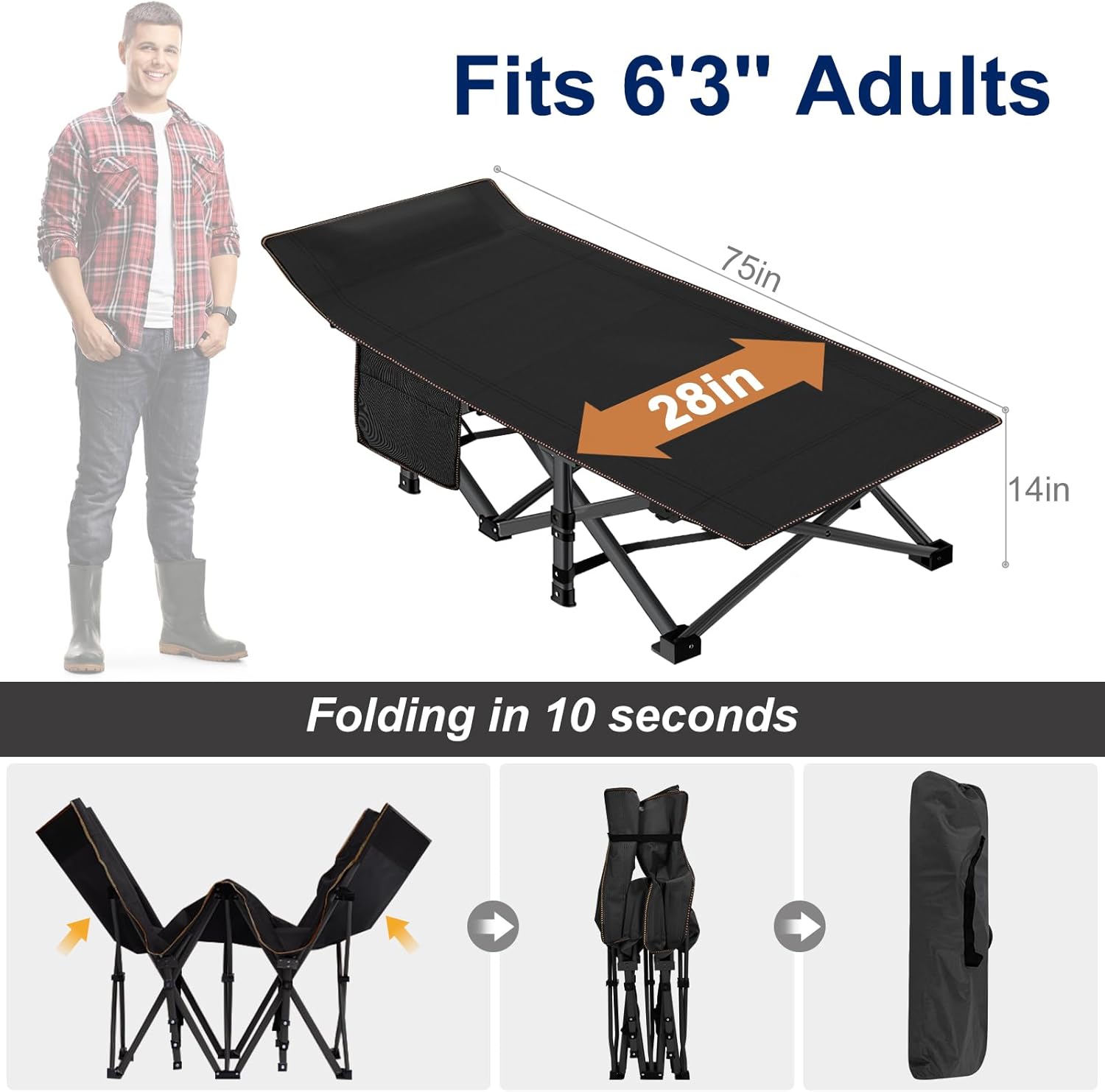 Folding Camping Cot W/Mat for Adults, Heavy Duty Outdoor Bed with Carry Bag,1200 D Layer Oxford Travel Camp Cots