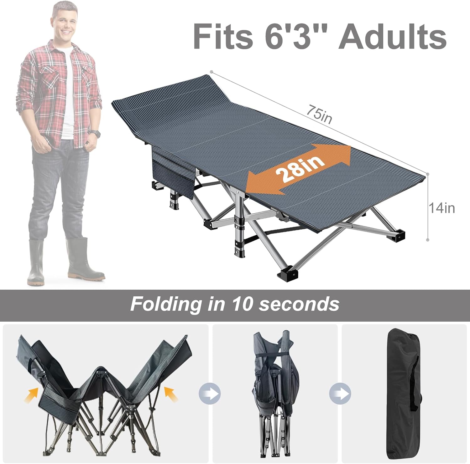 Folding Camping Cot W/Mat for Adults, Heavy Duty Outdoor Bed with Carry Bag,1200 D Layer Oxford Travel Camp Cots