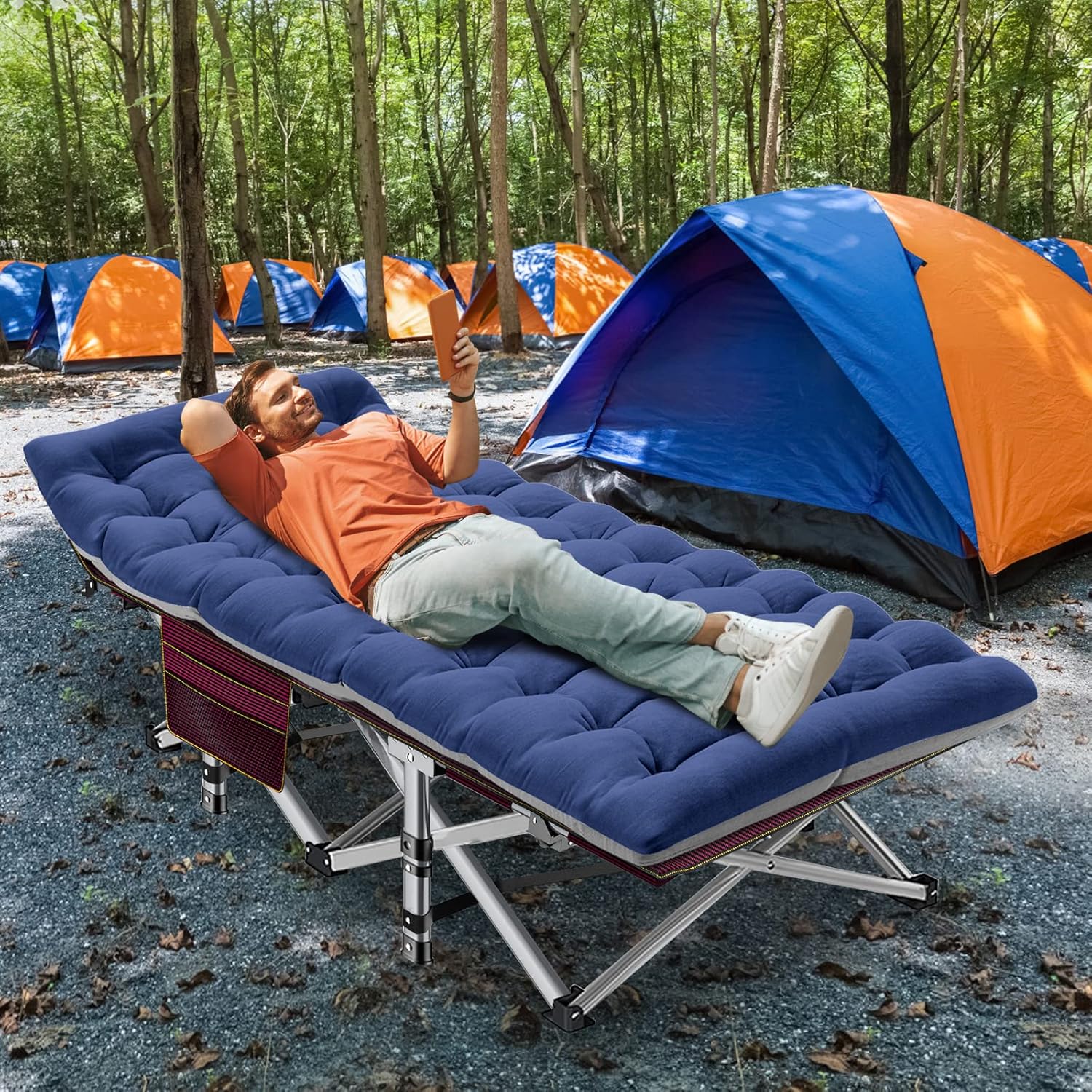 Folding Camping Cot W/Mat for Adults, Heavy Duty Outdoor Bed with Carry Bag,1200 D Layer Oxford Travel Camp Cots