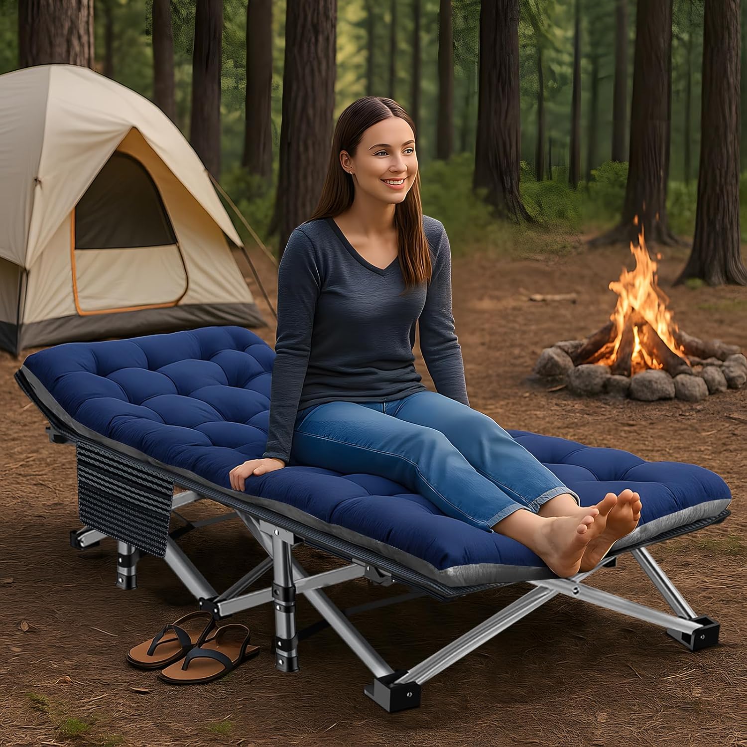 Folding Camping Cot W/Mat for Adults, Heavy Duty Outdoor Bed with Carry Bag,1200 D Layer Oxford Travel Camp Cots