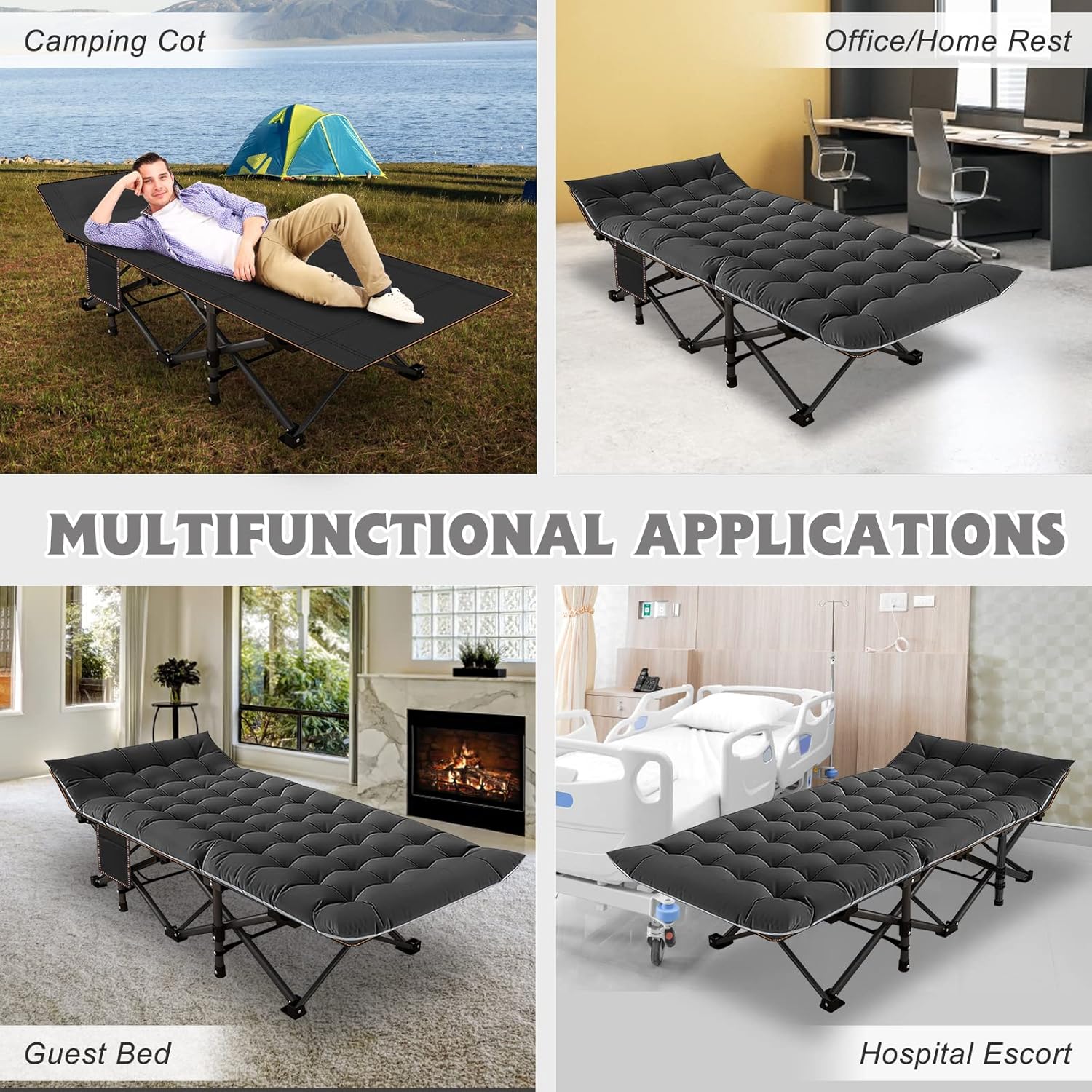 Folding Camping Cot W/Mat for Adults, Heavy Duty Outdoor Bed with Carry Bag,1200 D Layer Oxford Travel Camp Cots