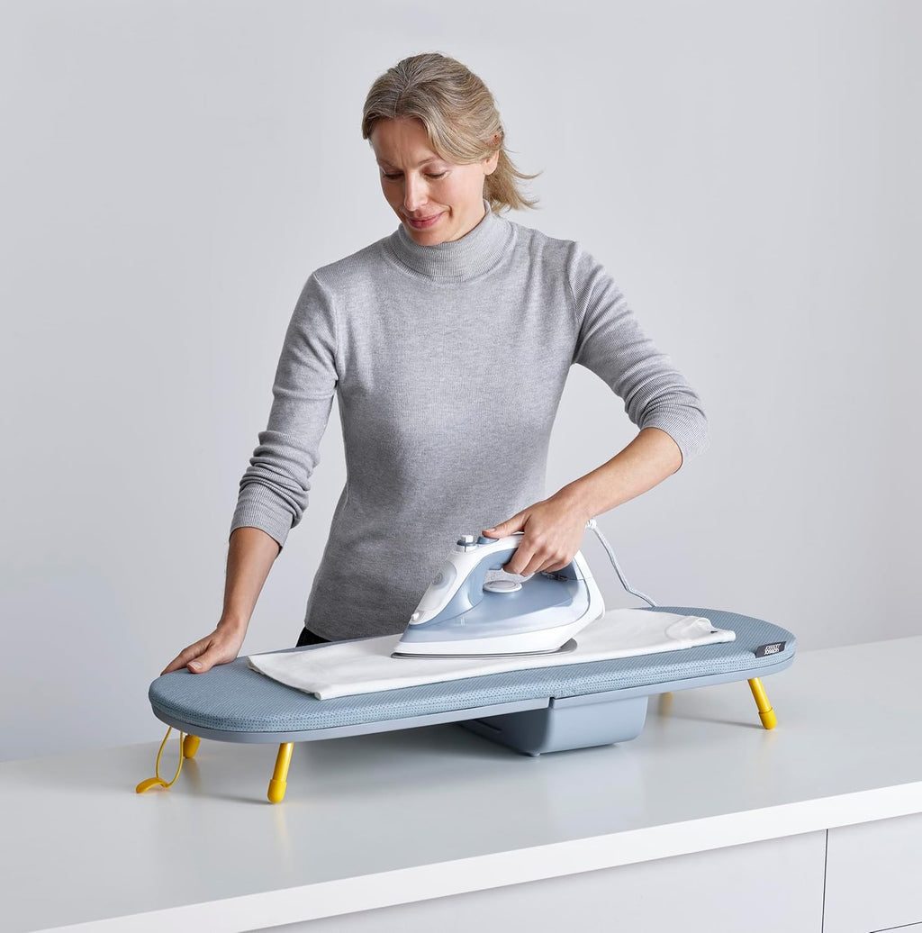 Pocket Folding Tabletop Ironing Board with Iron Holder and wall mount, Compact Space-Saving , Grey/Yellow