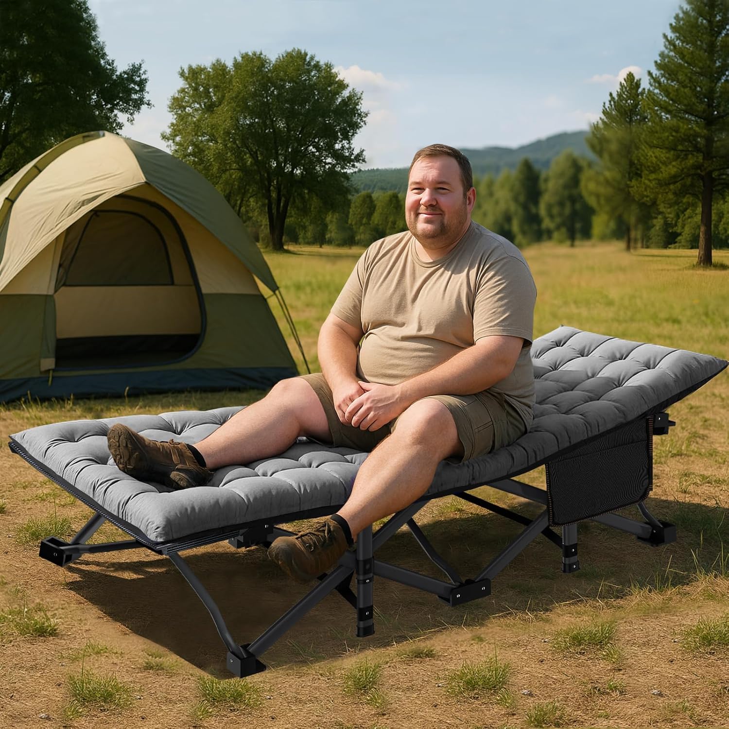 Folding Camping Cot W/Mat for Adults, Heavy Duty Outdoor Bed with Carry Bag,1200 D Layer Oxford Travel Camp Cots
