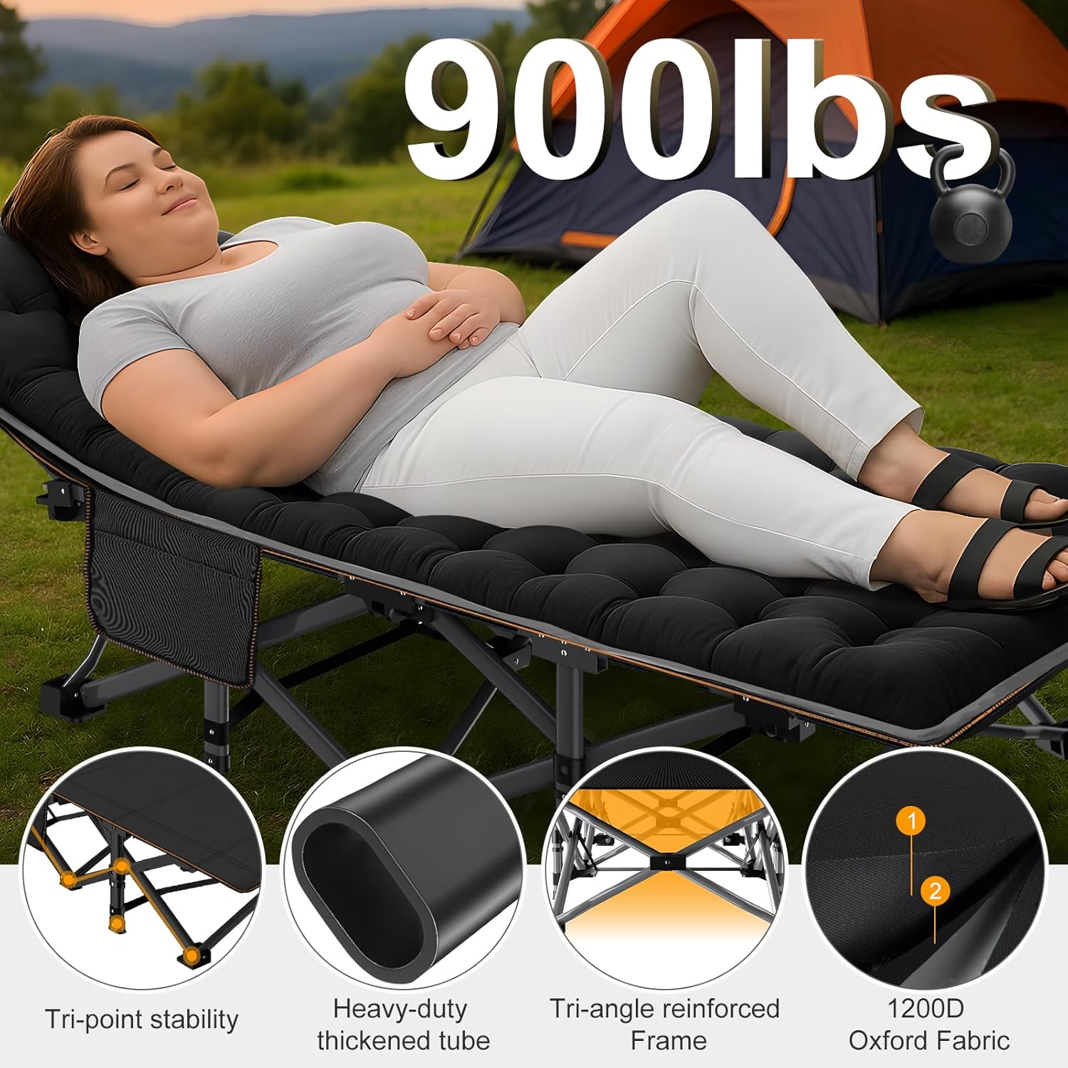 Folding Camping Cot W/Mat for Adults, Heavy Duty Outdoor Bed with Carry Bag,1200 D Layer Oxford Travel Camp Cots