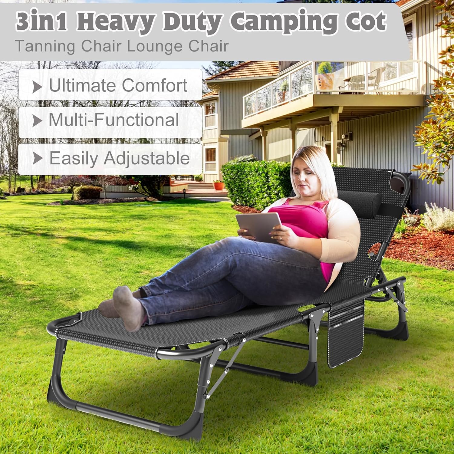 Folding Camping Cot W/Mat for Adults, Heavy Duty Outdoor Bed with Carry Bag,1200 D Layer Oxford Travel Camp Cots