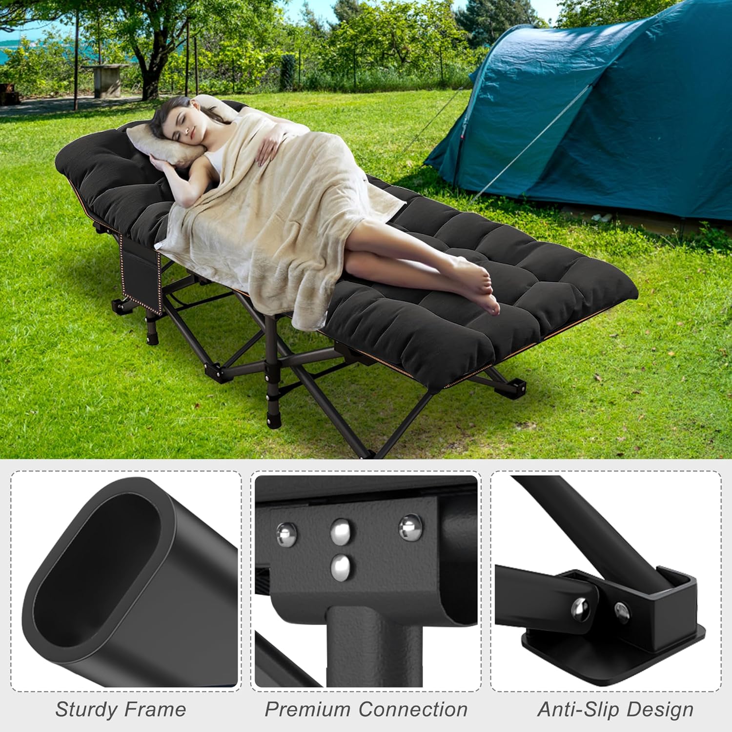 Folding Camping Cot W/Mat for Adults, Heavy Duty Outdoor Bed with Carry Bag,1200 D Layer Oxford Travel Camp Cots