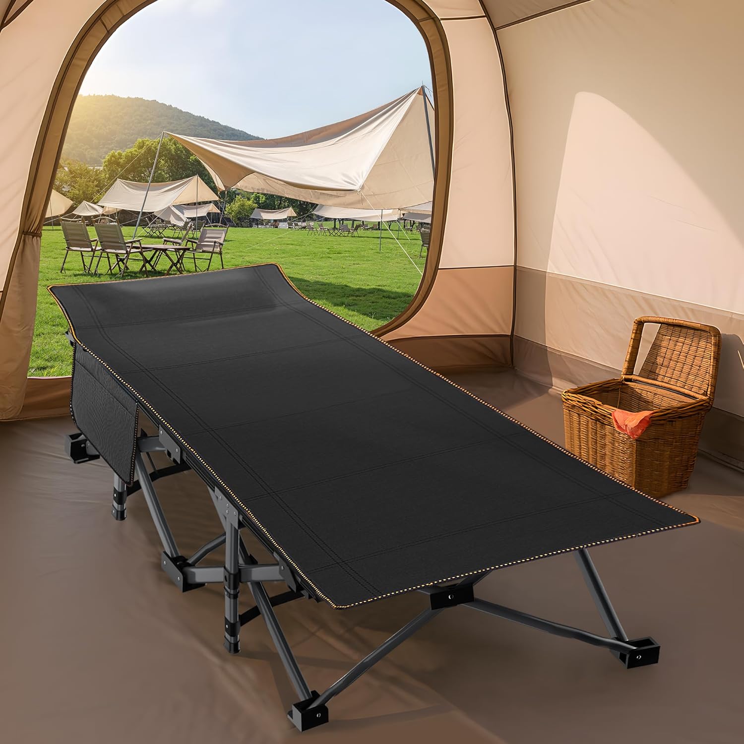 Folding Camping Cot W/Mat for Adults, Heavy Duty Outdoor Bed with Carry Bag,1200 D Layer Oxford Travel Camp Cots