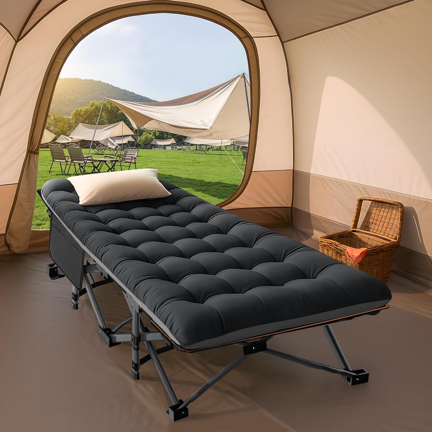 Folding Camping Cot W/Mat for Adults, Heavy Duty Outdoor Bed with Carry Bag,1200 D Layer Oxford Travel Camp Cots