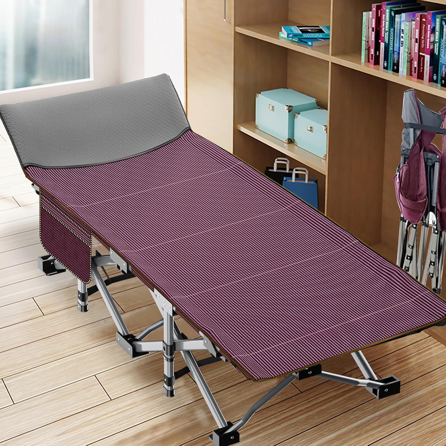 Folding Camping Cot W/Mat for Adults, Heavy Duty Outdoor Bed with Carry Bag,1200 D Layer Oxford Travel Camp Cots