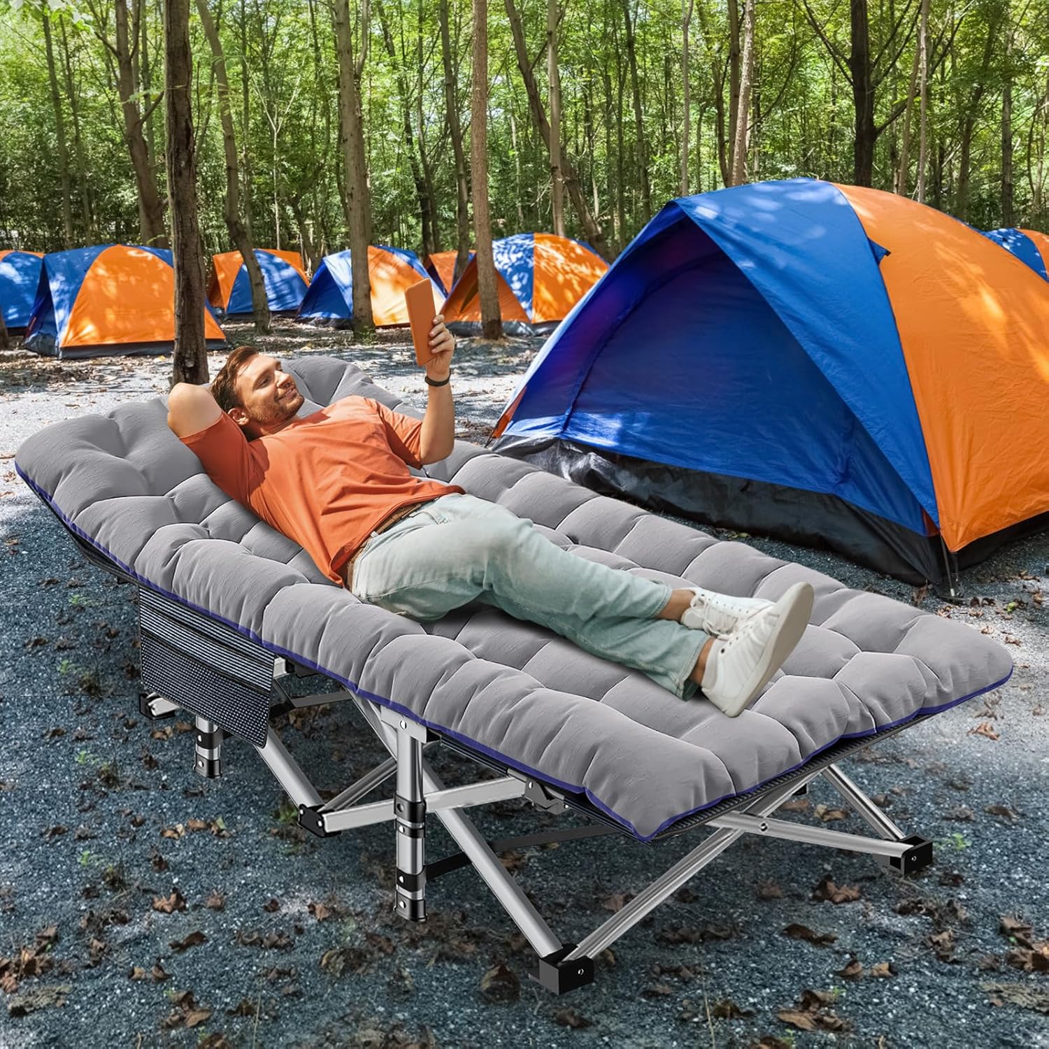 Folding Camping Cot W/Mat for Adults, Heavy Duty Outdoor Bed with Carry Bag,1200 D Layer Oxford Travel Camp Cots