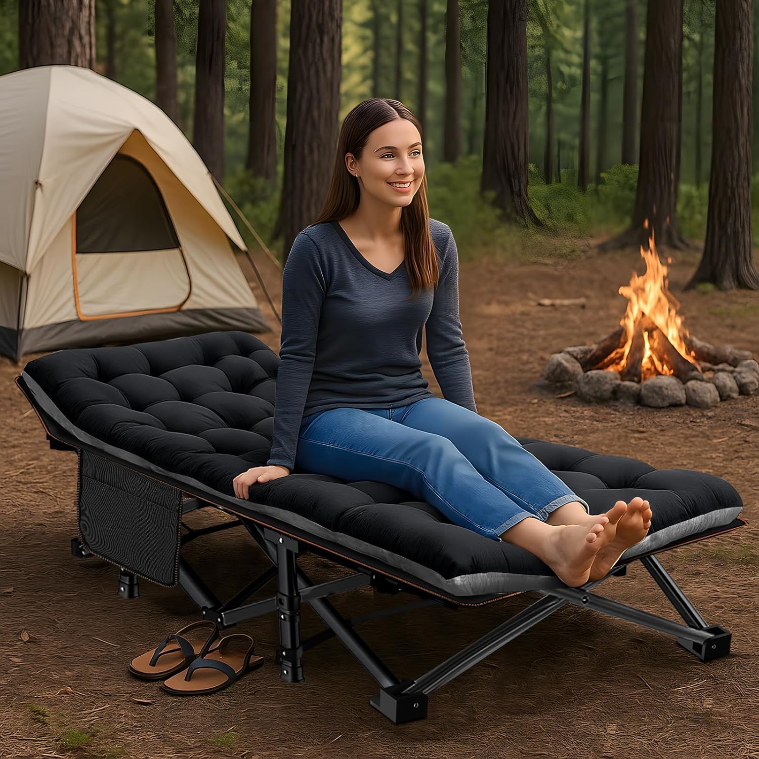 Folding Camping Cot W/Mat for Adults, Heavy Duty Outdoor Bed with Carry Bag,1200 D Layer Oxford Travel Camp Cots