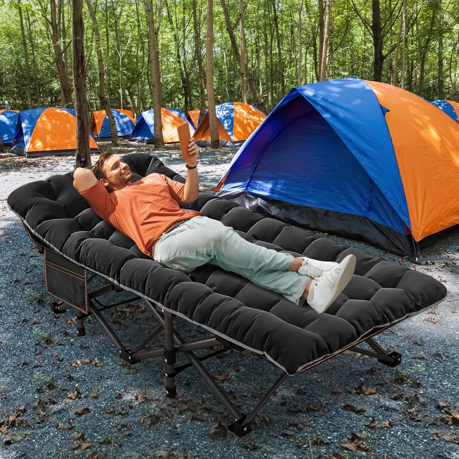 Folding Camping Cot W/Mat for Adults, Heavy Duty Outdoor Bed with Carry Bag,1200 D Layer Oxford Travel Camp Cots