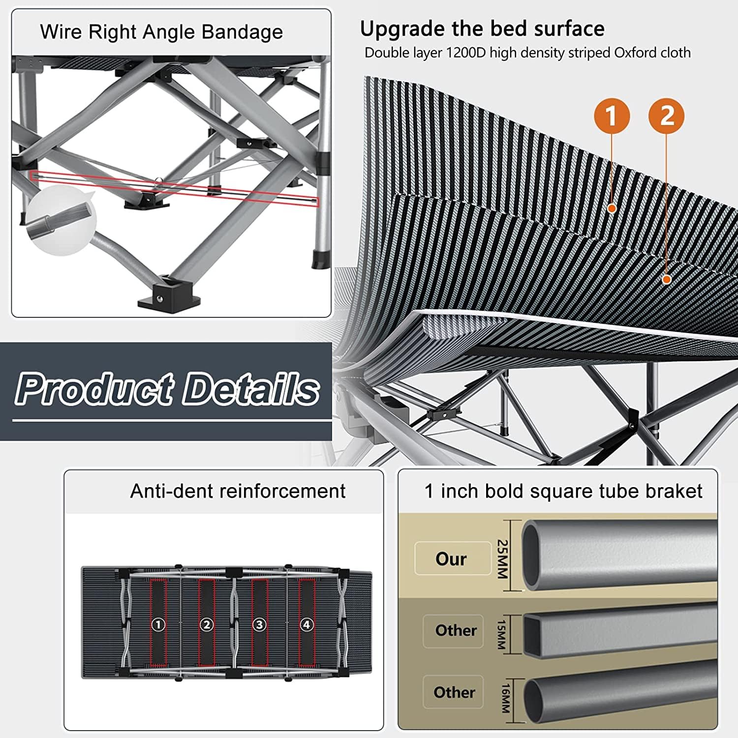 Folding Camping Cot W/Mat for Adults, Heavy Duty Outdoor Bed with Carry Bag,1200 D Layer Oxford Travel Camp Cots