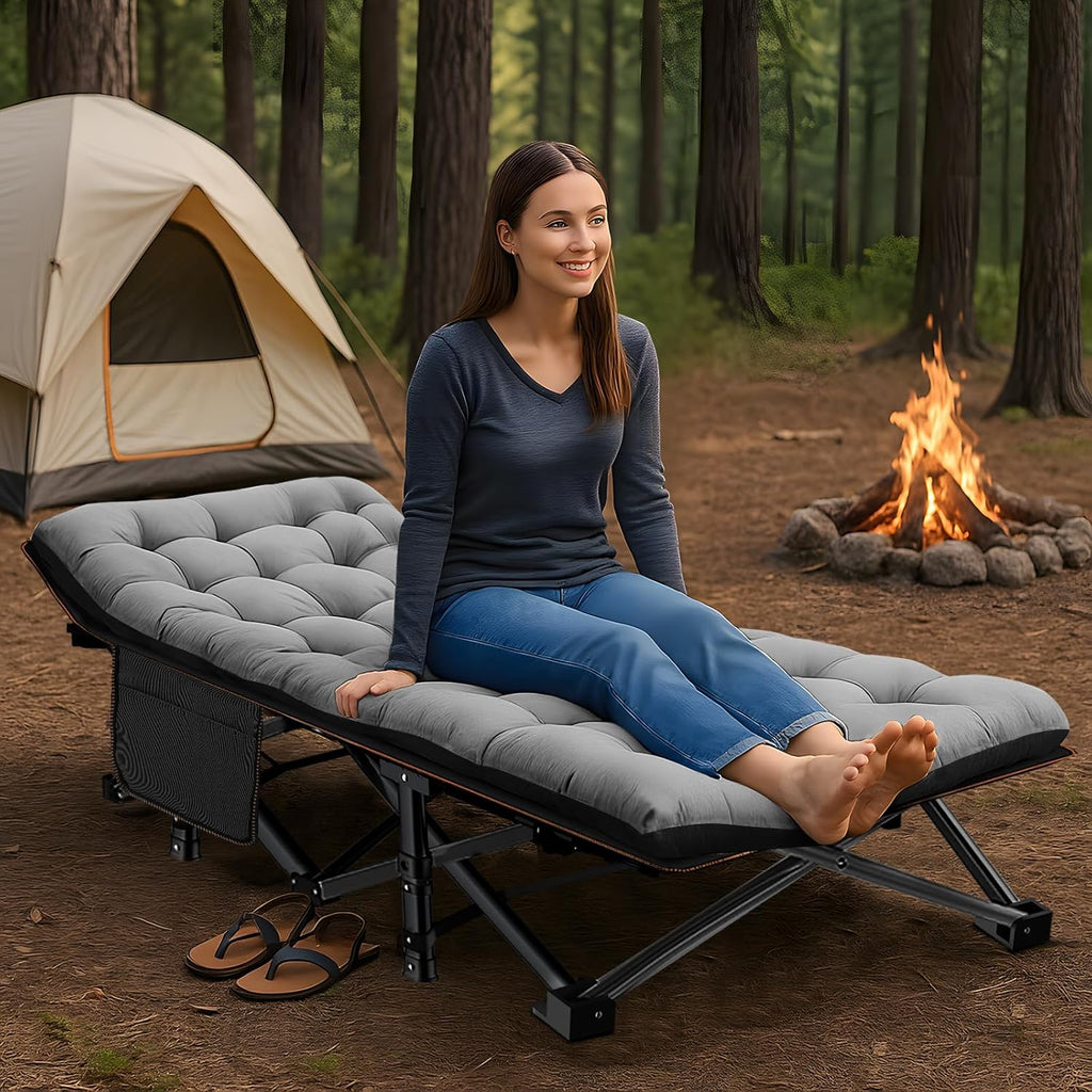 Folding Camping Cot W/Mat for Adults, Heavy Duty Outdoor Bed with Carry Bag,1200 D Layer Oxford Travel Camp Cots