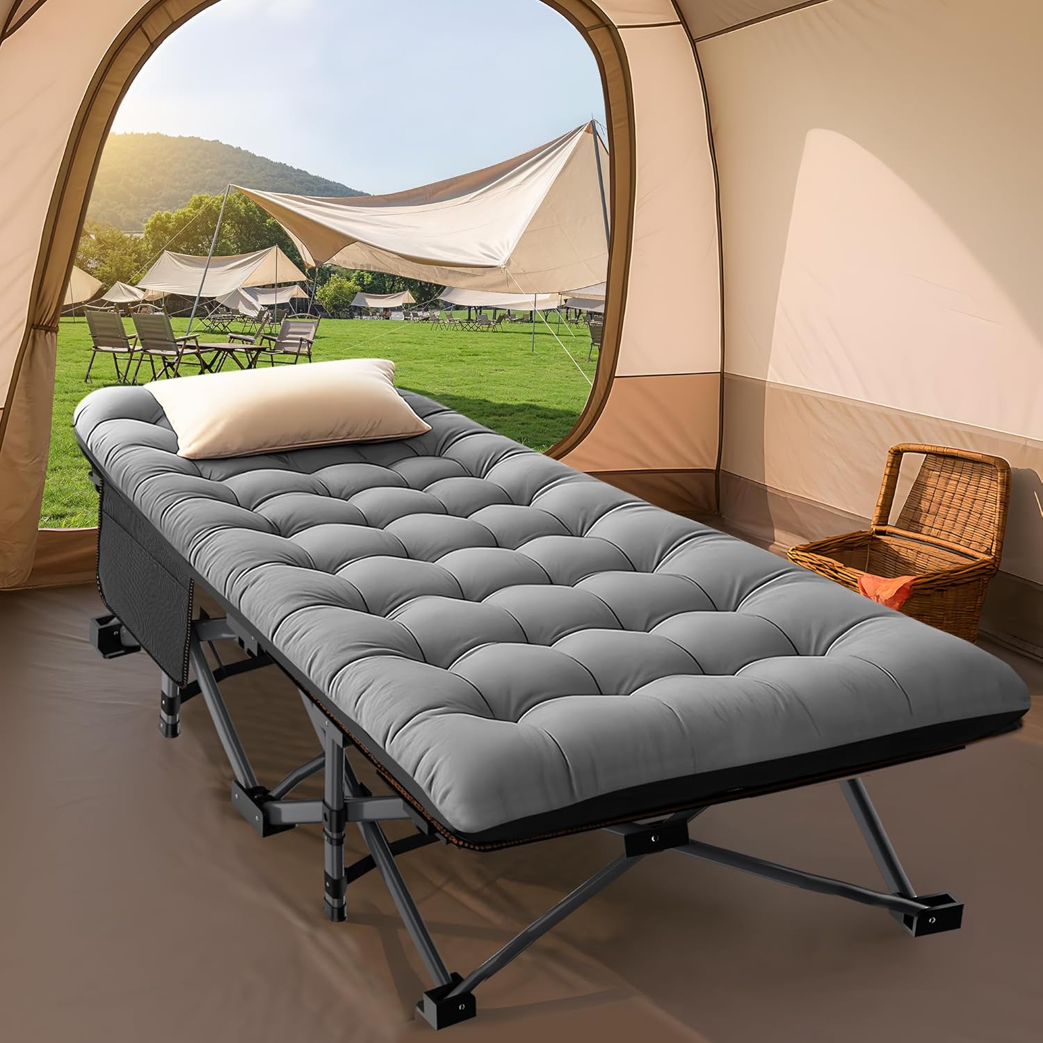 Folding Camping Cot W/Mat for Adults, Heavy Duty Outdoor Bed with Carry Bag,1200 D Layer Oxford Travel Camp Cots