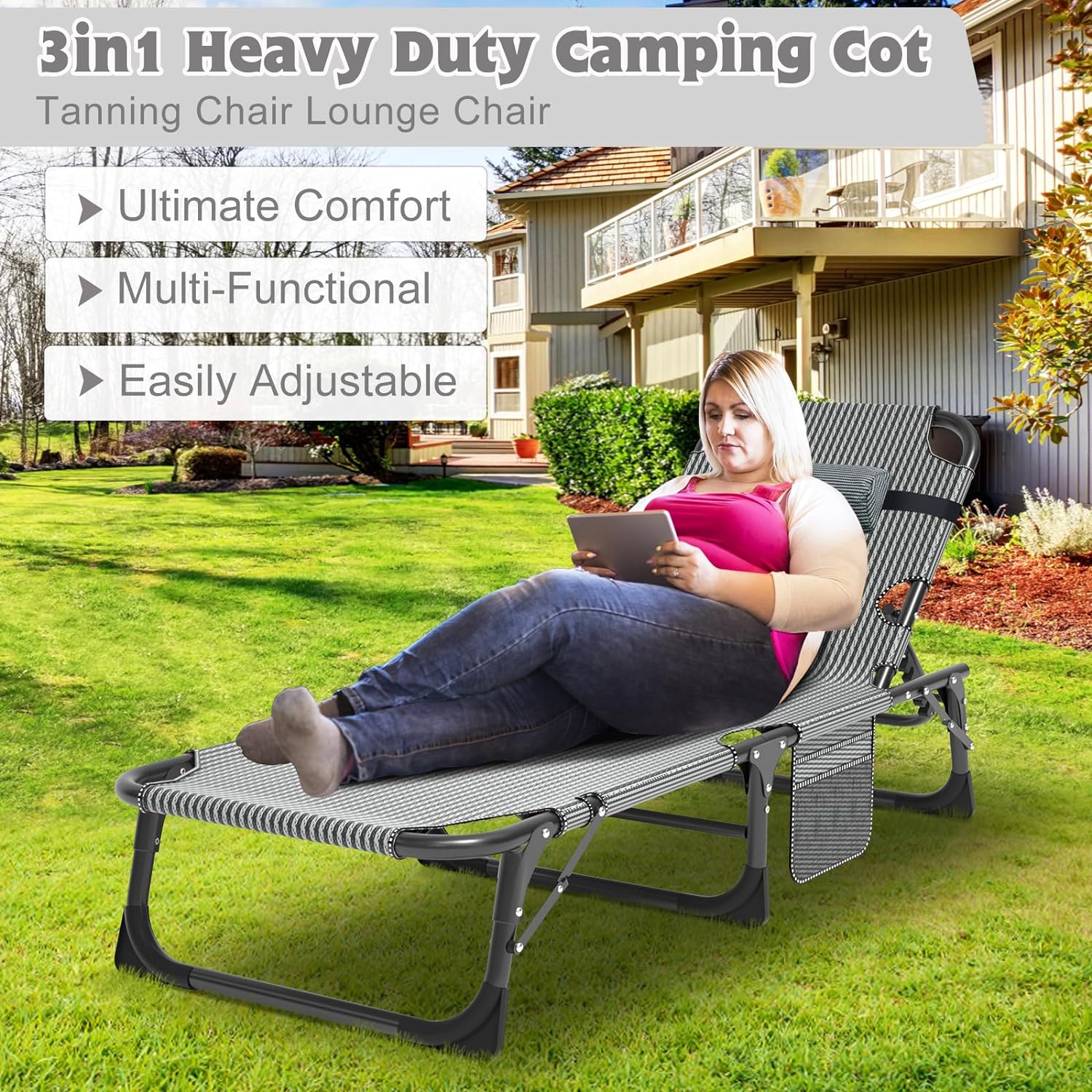 Folding Camping Cot W/Mat for Adults, Heavy Duty Outdoor Bed with Carry Bag,1200 D Layer Oxford Travel Camp Cots