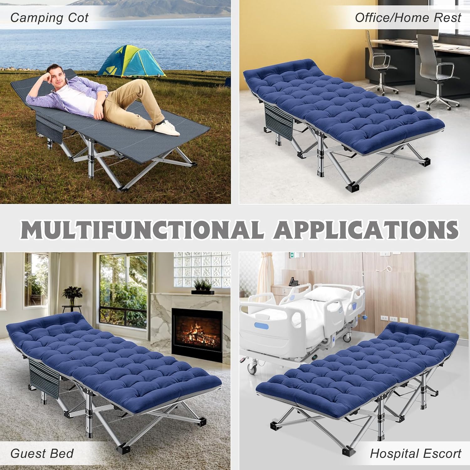 Folding Camping Cot W/Mat for Adults, Heavy Duty Outdoor Bed with Carry Bag,1200 D Layer Oxford Travel Camp Cots