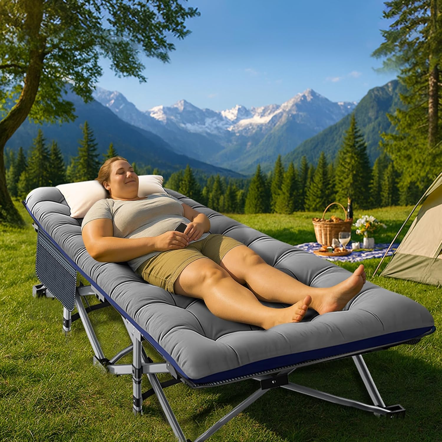 Folding Camping Cot W/Mat for Adults, Heavy Duty Outdoor Bed with Carry Bag,1200 D Layer Oxford Travel Camp Cots