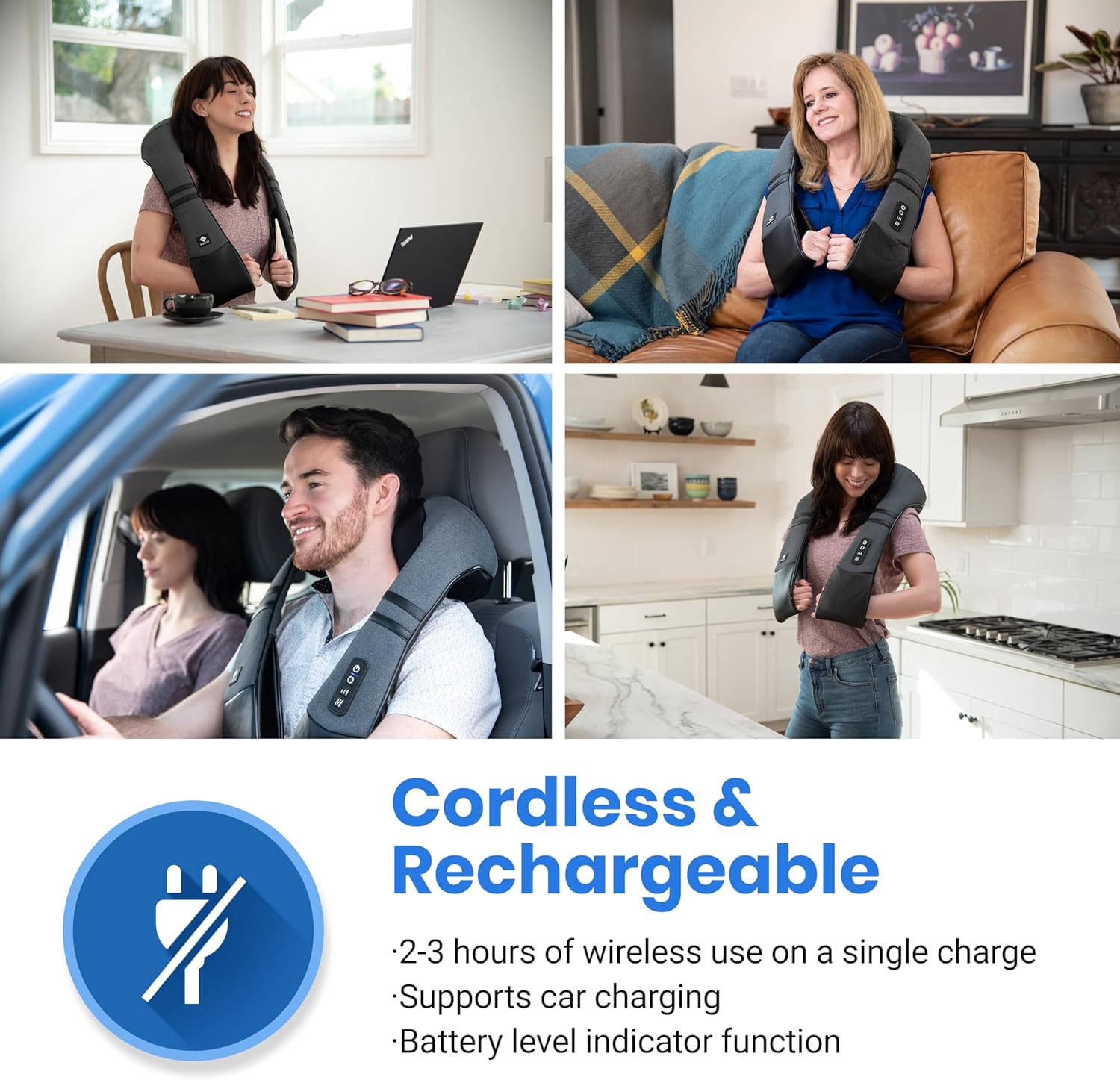Cordless Neck & Back Massager with Heat, Deep Tissue , Rechargeable Shoulder Pain Relief Wearable, 8 Nodes, 3 Intensities, Bi-Directional, 180-Min Battery, Soft PU Leather, Best Gift