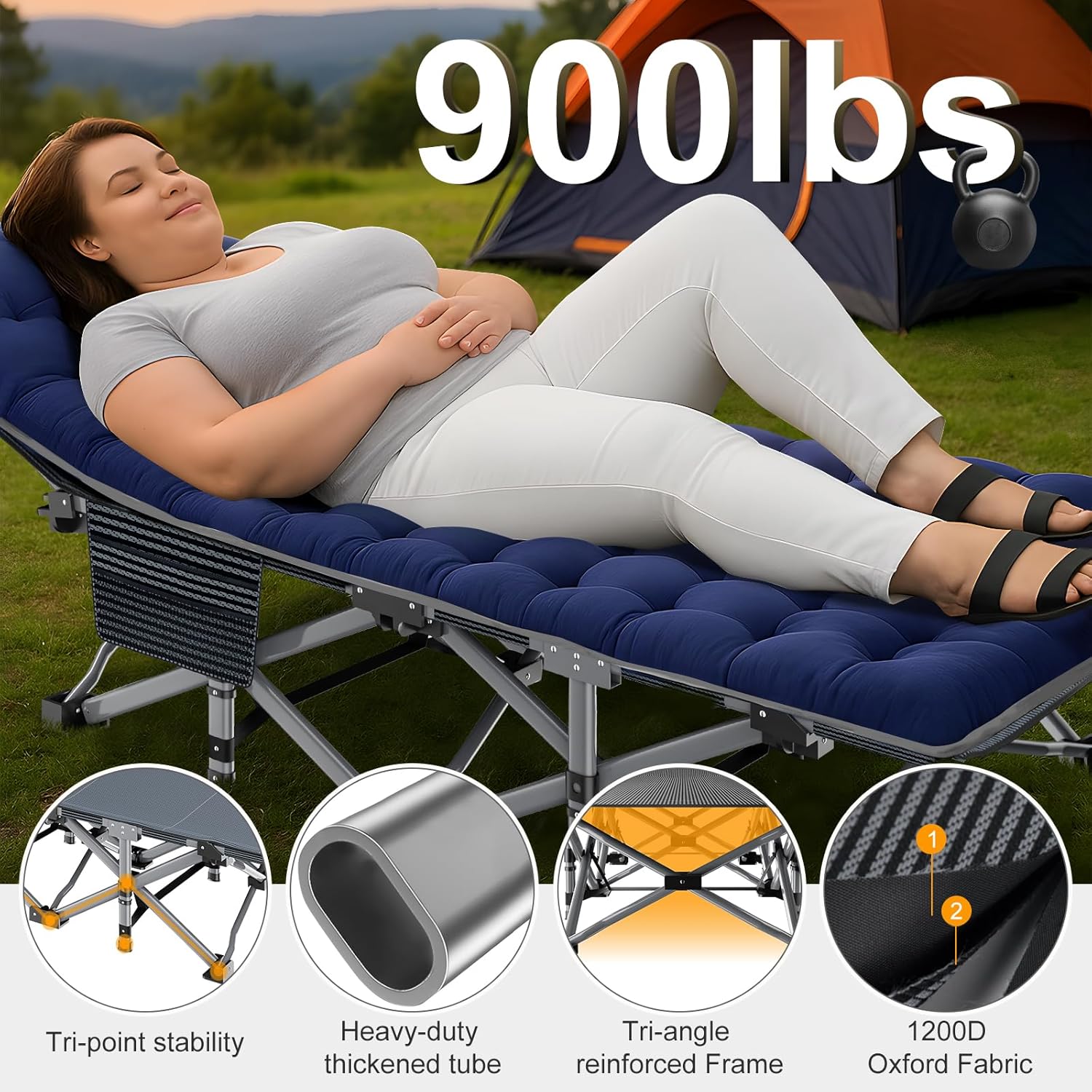 Folding Camping Cot W/Mat for Adults, Heavy Duty Outdoor Bed with Carry Bag,1200 D Layer Oxford Travel Camp Cots