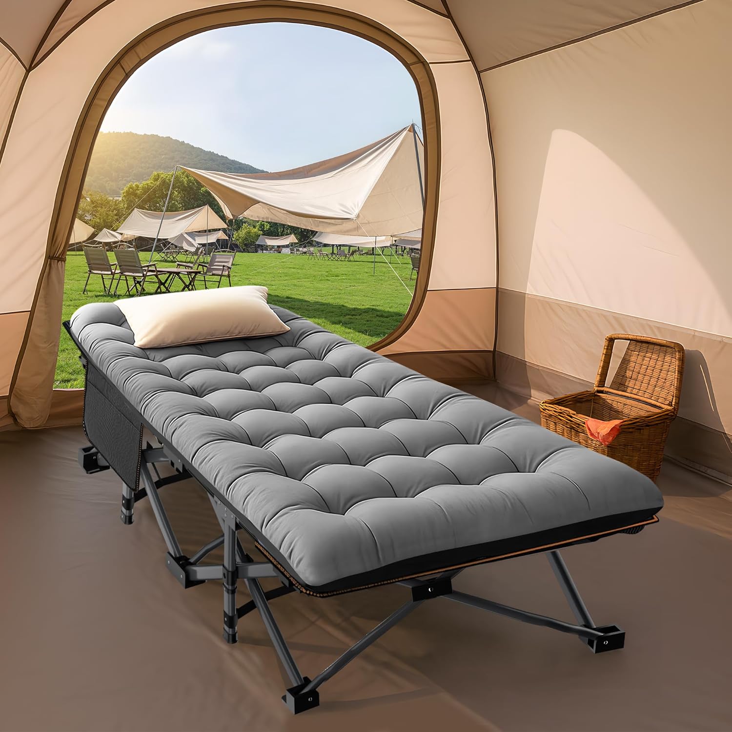 Folding Camping Cot W/Mat for Adults, Heavy Duty Outdoor Bed with Carry Bag,1200 D Layer Oxford Travel Camp Cots