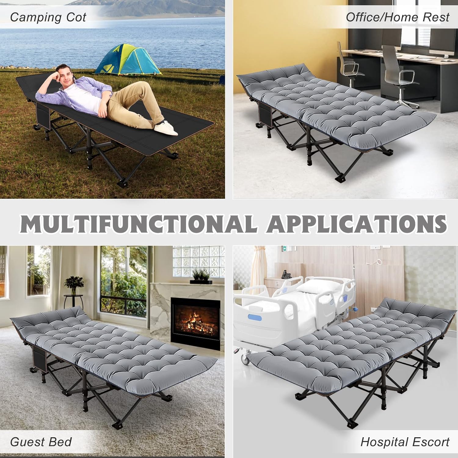 Folding Camping Cot W/Mat for Adults, Heavy Duty Outdoor Bed with Carry Bag,1200 D Layer Oxford Travel Camp Cots