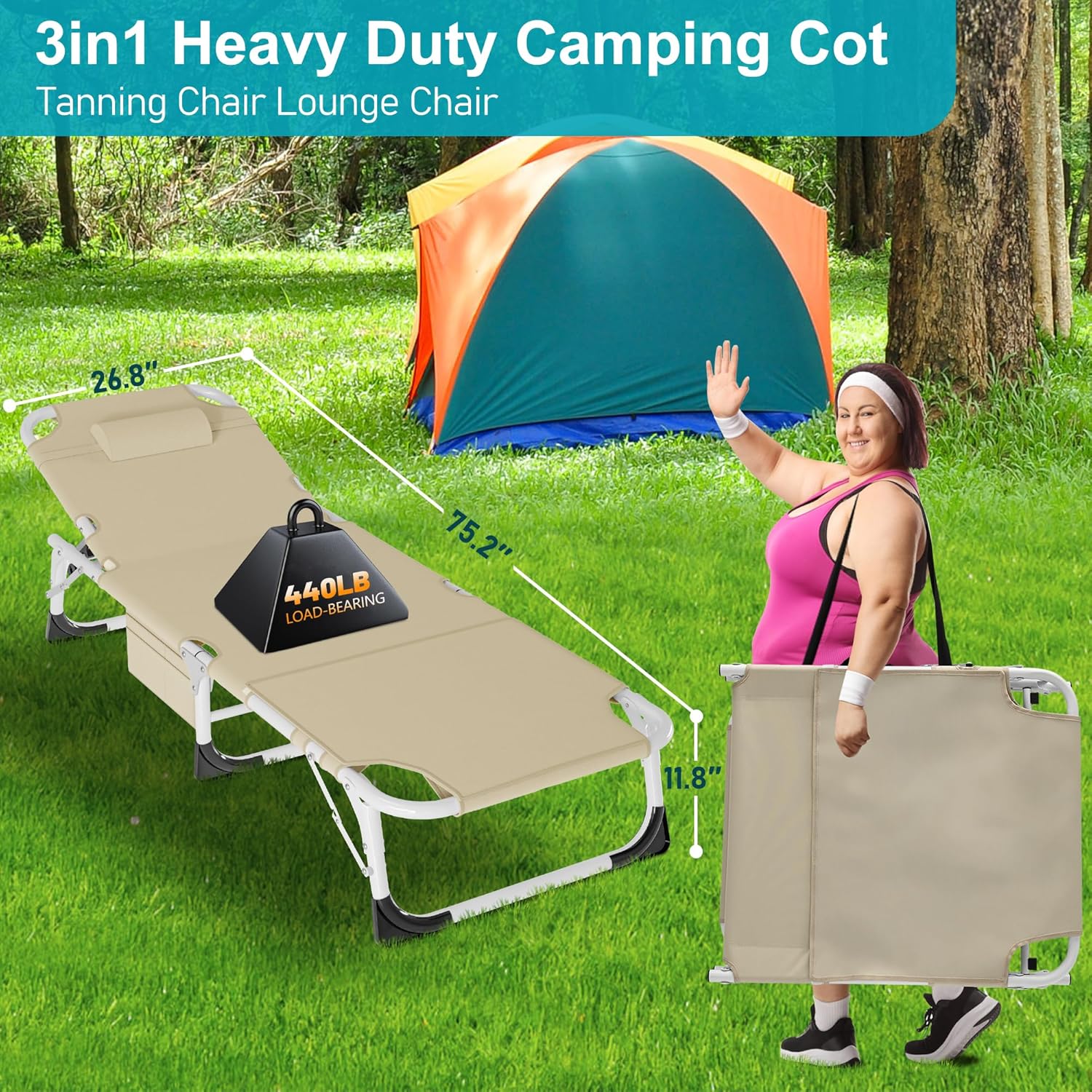 Folding Camping Cot W/Mat for Adults, Heavy Duty Outdoor Bed with Carry Bag,1200 D Layer Oxford Travel Camp Cots