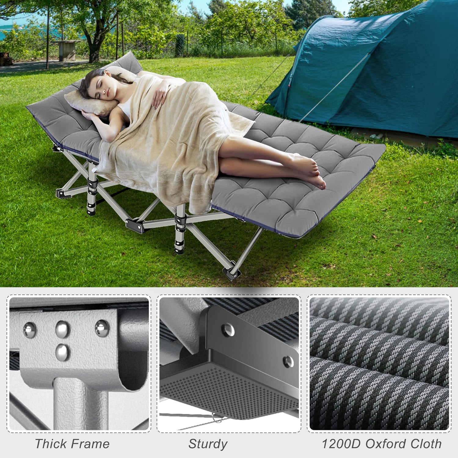 Folding Camping Cot W/Mat for Adults, Heavy Duty Outdoor Bed with Carry Bag,1200 D Layer Oxford Travel Camp Cots