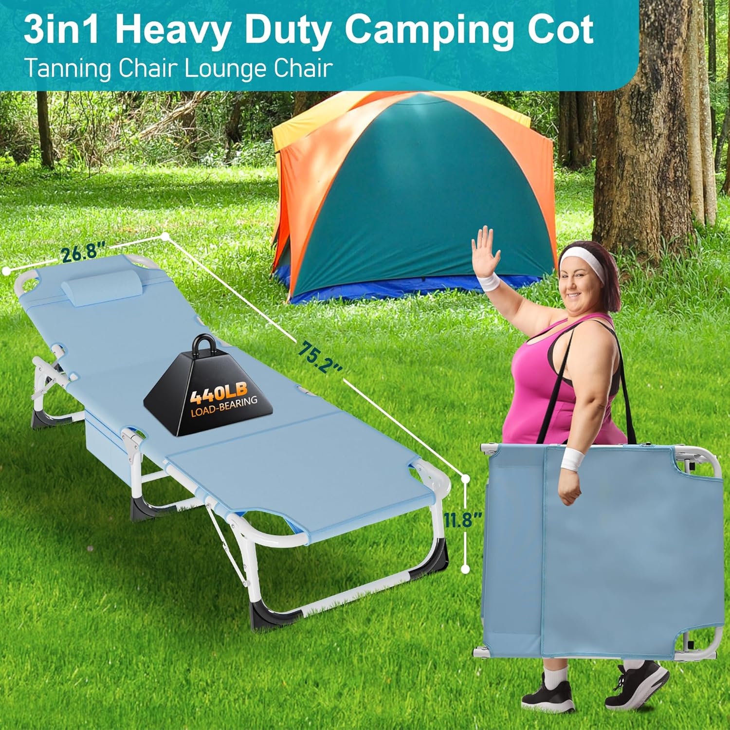 Folding Camping Cot W/Mat for Adults, Heavy Duty Outdoor Bed with Carry Bag,1200 D Layer Oxford Travel Camp Cots