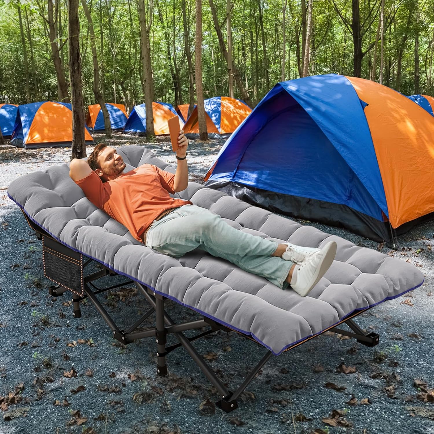 Folding Camping Cot W/Mat for Adults, Heavy Duty Outdoor Bed with Carry Bag,1200 D Layer Oxford Travel Camp Cots