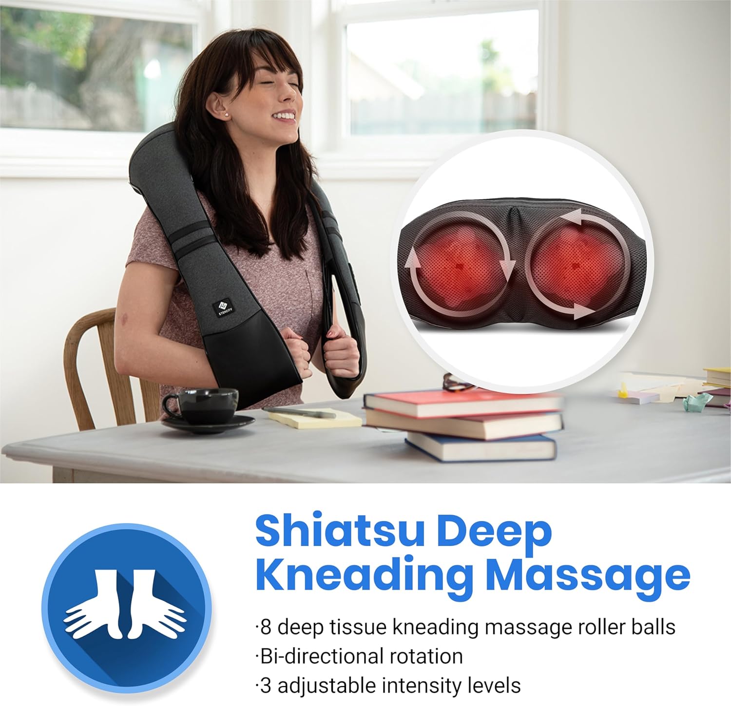 Cordless Neck & Back Massager with Heat, Deep Tissue , Rechargeable Shoulder Pain Relief Wearable, 8 Nodes, 3 Intensities, Bi-Directional, 180-Min Battery, Soft PU Leather, Best Gift